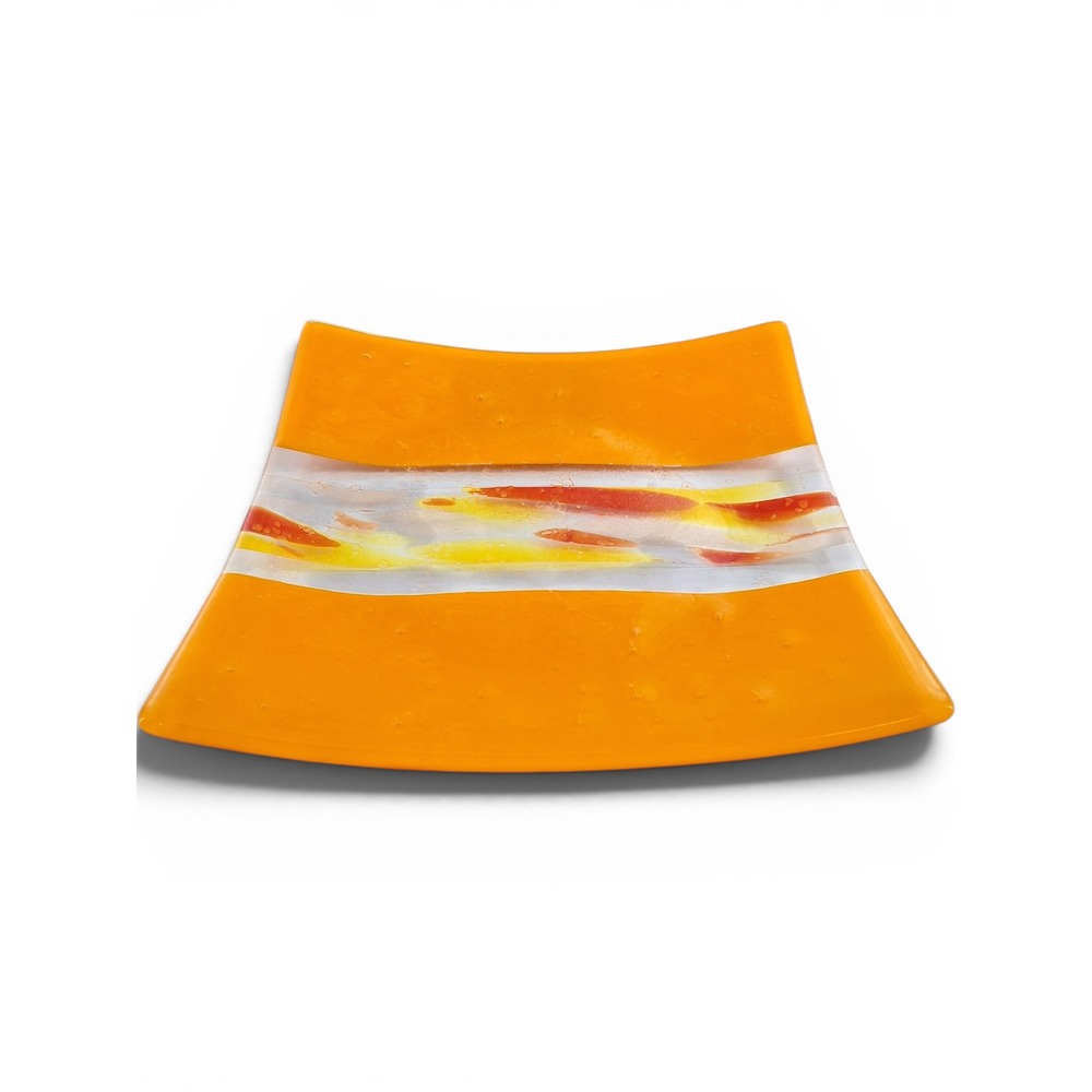 Artisan Fused Glass Square Plate Orange Red Yellow Abstract Curved Trinket Dish